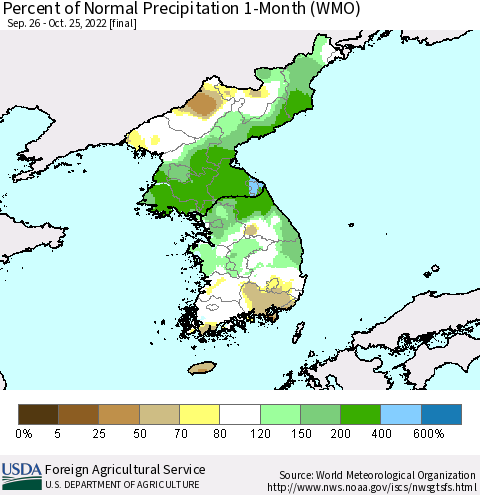 Korea Percent of Normal Precipitation 1-Month (WMO) Thematic Map For 9/26/2022 - 10/25/2022