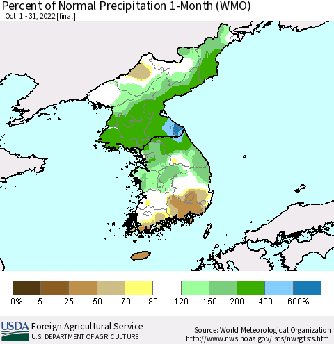 Korea Percent of Normal Precipitation 1-Month (WMO) Thematic Map For 10/1/2022 - 10/31/2022