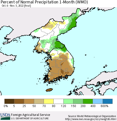 Korea Percent of Normal Precipitation 1-Month (WMO) Thematic Map For 10/6/2022 - 11/5/2022