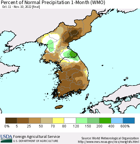 Korea Percent of Normal Precipitation 1-Month (WMO) Thematic Map For 10/11/2022 - 11/10/2022