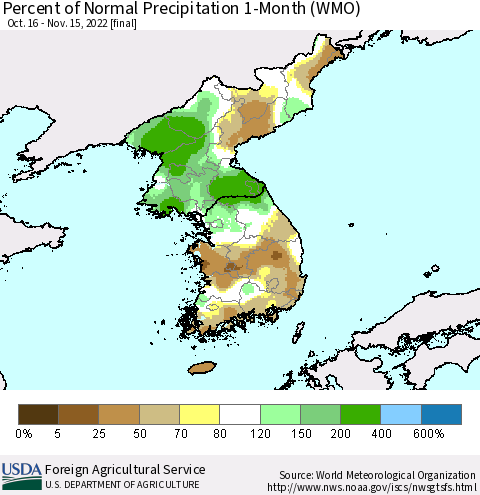 Korea Percent of Normal Precipitation 1-Month (WMO) Thematic Map For 10/16/2022 - 11/15/2022