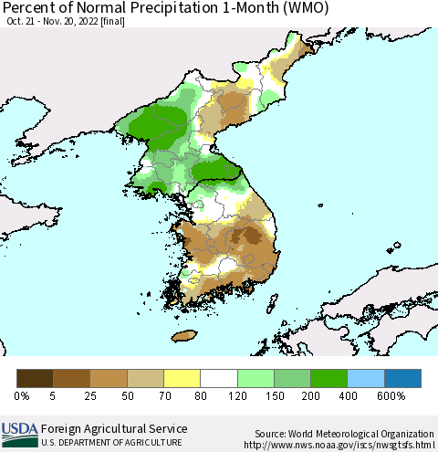 Korea Percent of Normal Precipitation 1-Month (WMO) Thematic Map For 10/21/2022 - 11/20/2022