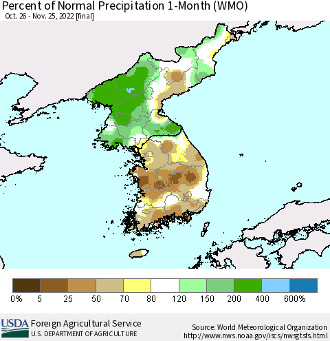 Korea Percent of Normal Precipitation 1-Month (WMO) Thematic Map For 10/26/2022 - 11/25/2022