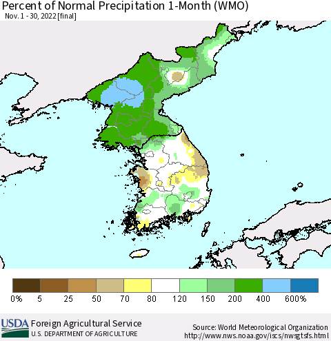 Korea Percent of Normal Precipitation 1-Month (WMO) Thematic Map For 11/1/2022 - 11/30/2022