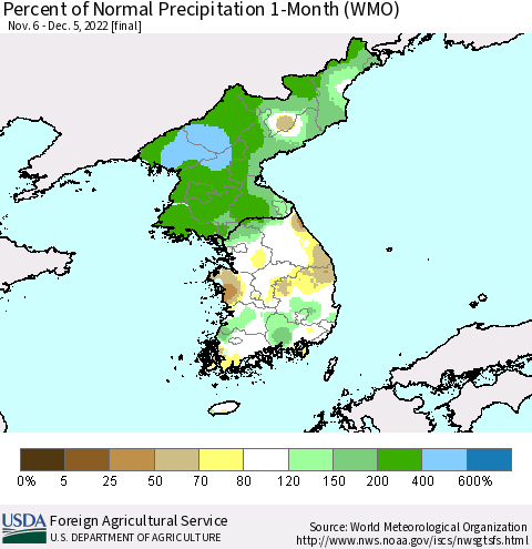 Korea Percent of Normal Precipitation 1-Month (WMO) Thematic Map For 11/6/2022 - 12/5/2022