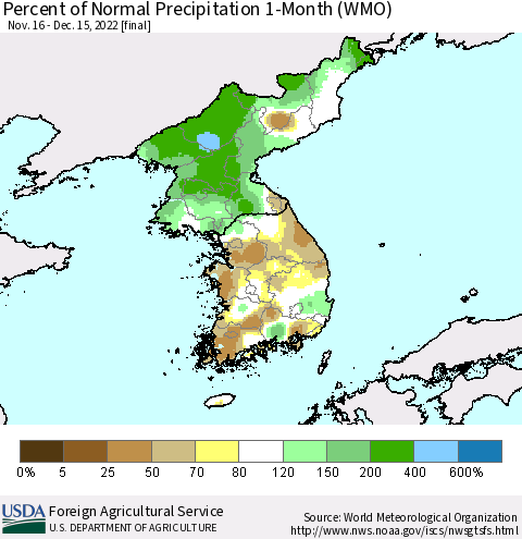 Korea Percent of Normal Precipitation 1-Month (WMO) Thematic Map For 11/16/2022 - 12/15/2022