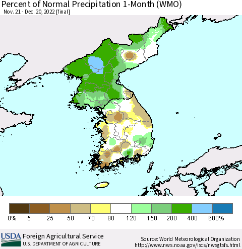 Korea Percent of Normal Precipitation 1-Month (WMO) Thematic Map For 11/21/2022 - 12/20/2022