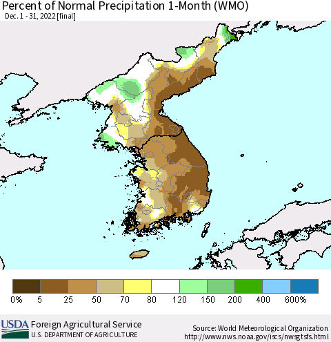 Korea Percent of Normal Precipitation 1-Month (WMO) Thematic Map For 12/1/2022 - 12/31/2022