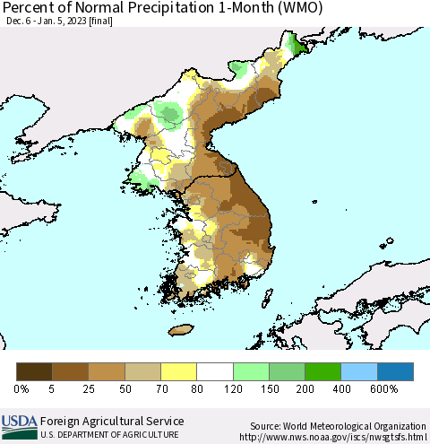 Korea Percent of Normal Precipitation 1-Month (WMO) Thematic Map For 12/6/2022 - 1/5/2023