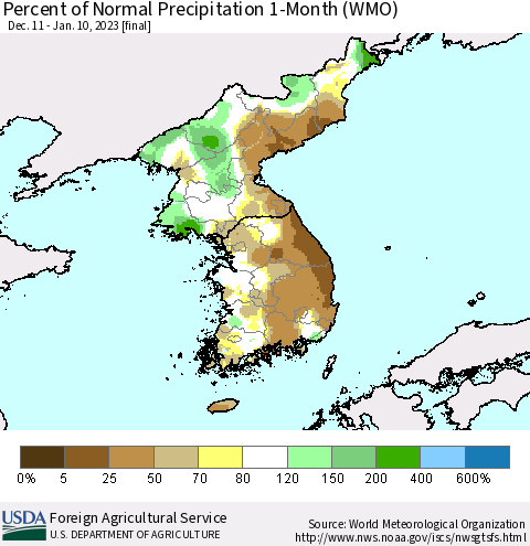 Korea Percent of Normal Precipitation 1-Month (WMO) Thematic Map For 12/11/2022 - 1/10/2023