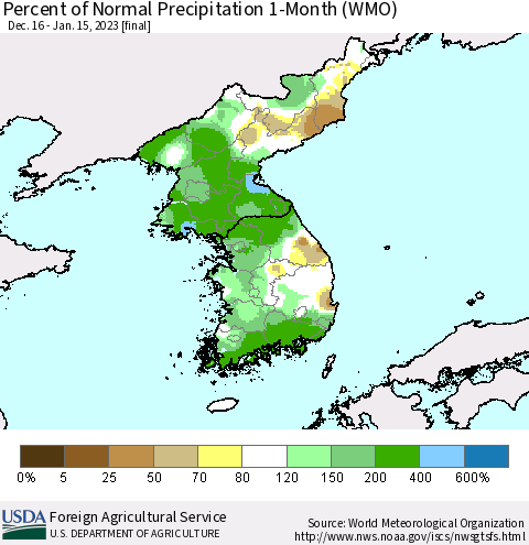 Korea Percent of Normal Precipitation 1-Month (WMO) Thematic Map For 12/16/2022 - 1/15/2023