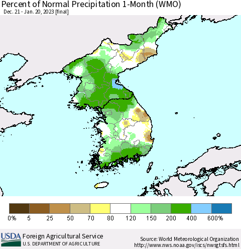 Korea Percent of Normal Precipitation 1-Month (WMO) Thematic Map For 12/21/2022 - 1/20/2023