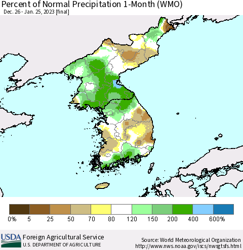 Korea Percent of Normal Precipitation 1-Month (WMO) Thematic Map For 12/26/2022 - 1/25/2023