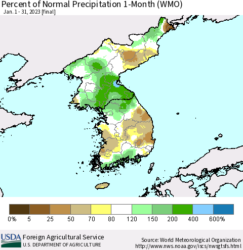 Korea Percent of Normal Precipitation 1-Month (WMO) Thematic Map For 1/1/2023 - 1/31/2023