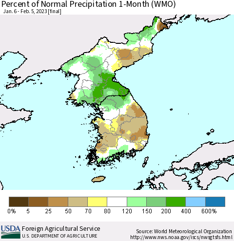 Korea Percent of Normal Precipitation 1-Month (WMO) Thematic Map For 1/6/2023 - 2/5/2023