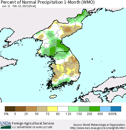 Korea Percent of Normal Precipitation 1-Month (WMO) Thematic Map For 1/11/2023 - 2/10/2023