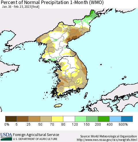 Korea Percent of Normal Precipitation 1-Month (WMO) Thematic Map For 1/16/2023 - 2/15/2023