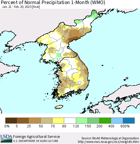 Korea Percent of Normal Precipitation 1-Month (WMO) Thematic Map For 1/21/2023 - 2/20/2023