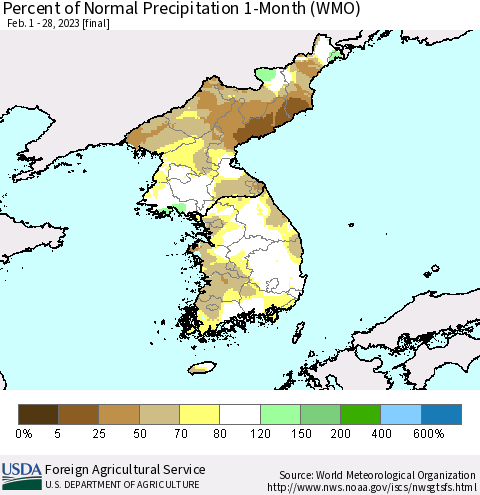Korea Percent of Normal Precipitation 1-Month (WMO) Thematic Map For 2/1/2023 - 2/28/2023