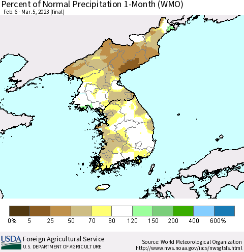 Korea Percent of Normal Precipitation 1-Month (WMO) Thematic Map For 2/6/2023 - 3/5/2023