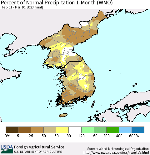 Korea Percent of Normal Precipitation 1-Month (WMO) Thematic Map For 2/11/2023 - 3/10/2023