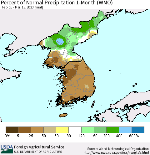 Korea Percent of Normal Precipitation 1-Month (WMO) Thematic Map For 2/16/2023 - 3/15/2023