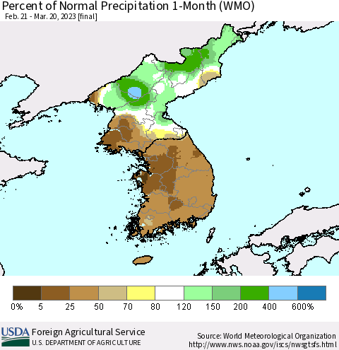 Korea Percent of Normal Precipitation 1-Month (WMO) Thematic Map For 2/21/2023 - 3/20/2023