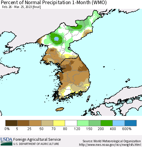 Korea Percent of Normal Precipitation 1-Month (WMO) Thematic Map For 2/26/2023 - 3/25/2023