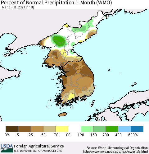 Korea Percent of Normal Precipitation 1-Month (WMO) Thematic Map For 3/1/2023 - 3/31/2023