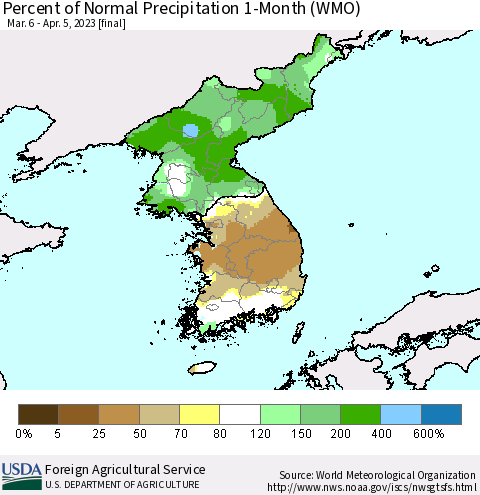 Korea Percent of Normal Precipitation 1-Month (WMO) Thematic Map For 3/6/2023 - 4/5/2023
