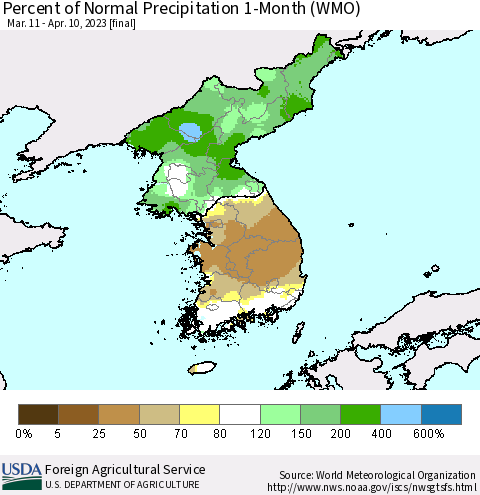 Korea Percent of Normal Precipitation 1-Month (WMO) Thematic Map For 3/11/2023 - 4/10/2023