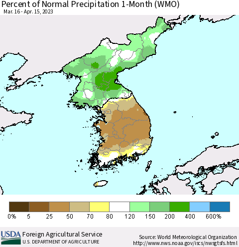 Korea Percent of Normal Precipitation 1-Month (WMO) Thematic Map For 3/16/2023 - 4/15/2023