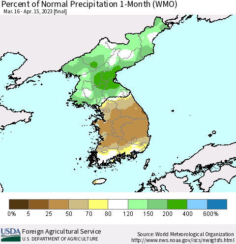 Korea Percent of Normal Precipitation 1-Month (WMO) Thematic Map For 3/16/2023 - 4/15/2023