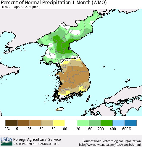 Korea Percent of Normal Precipitation 1-Month (WMO) Thematic Map For 3/21/2023 - 4/20/2023