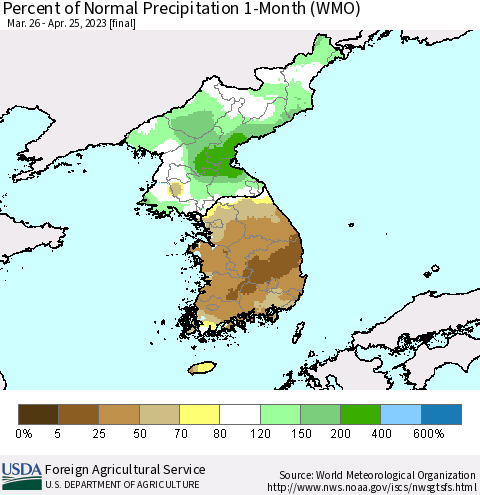 Korea Percent of Normal Precipitation 1-Month (WMO) Thematic Map For 3/26/2023 - 4/25/2023