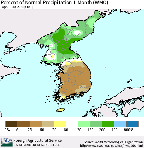 Korea Percent of Normal Precipitation 1-Month (WMO) Thematic Map For 4/1/2023 - 4/30/2023