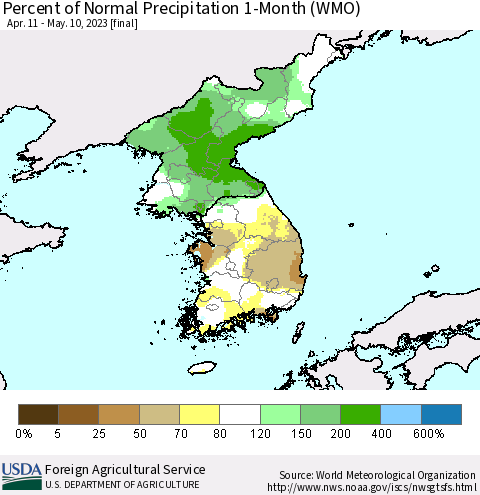 Korea Percent of Normal Precipitation 1-Month (WMO) Thematic Map For 4/11/2023 - 5/10/2023