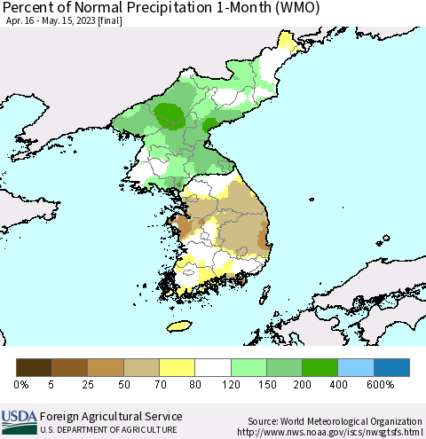 Korea Percent of Normal Precipitation 1-Month (WMO) Thematic Map For 4/16/2023 - 5/15/2023