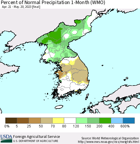 Korea Percent of Normal Precipitation 1-Month (WMO) Thematic Map For 4/21/2023 - 5/20/2023