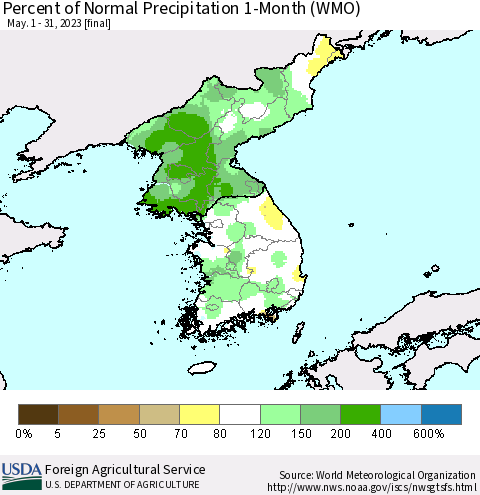 Korea Percent of Normal Precipitation 1-Month (WMO) Thematic Map For 5/1/2023 - 5/31/2023