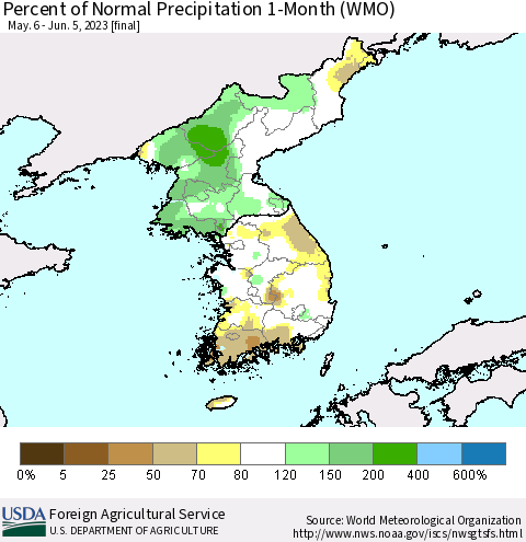Korea Percent of Normal Precipitation 1-Month (WMO) Thematic Map For 5/6/2023 - 6/5/2023