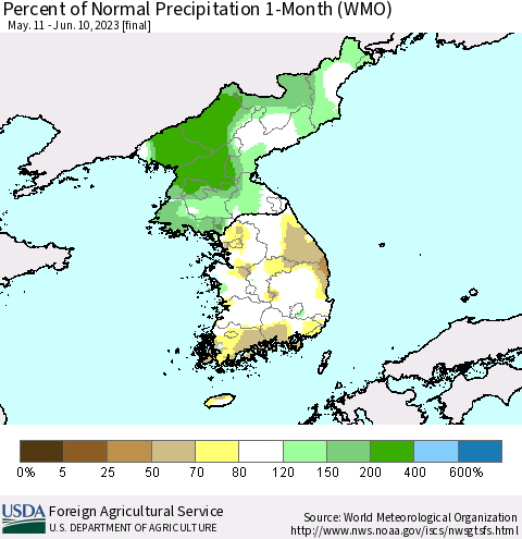 Korea Percent of Normal Precipitation 1-Month (WMO) Thematic Map For 5/11/2023 - 6/10/2023