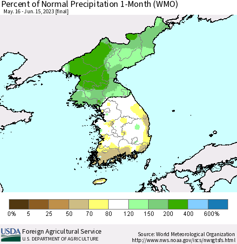 Korea Percent of Normal Precipitation 1-Month (WMO) Thematic Map For 5/16/2023 - 6/15/2023