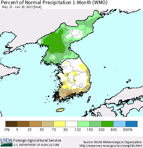 Korea Percent of Normal Precipitation 1-Month (WMO) Thematic Map For 5/21/2023 - 6/20/2023