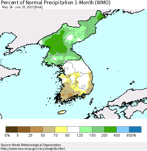 Korea Percent of Normal Precipitation 1-Month (WMO) Thematic Map For 5/26/2023 - 6/25/2023