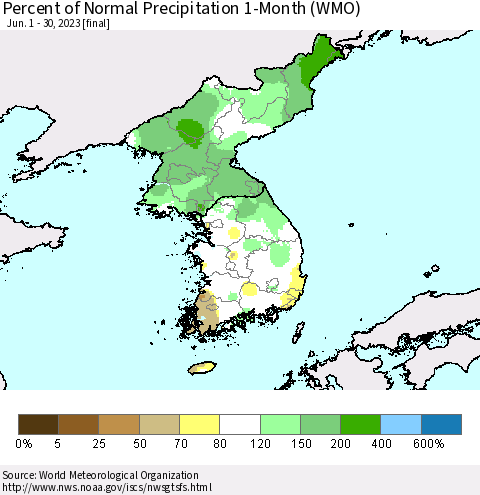 Korea Percent of Normal Precipitation 1-Month (WMO) Thematic Map For 6/1/2023 - 6/30/2023