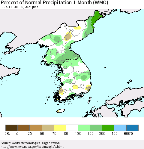 Korea Percent of Normal Precipitation 1-Month (WMO) Thematic Map For 6/11/2023 - 7/10/2023