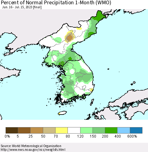 Korea Percent of Normal Precipitation 1-Month (WMO) Thematic Map For 6/16/2023 - 7/15/2023