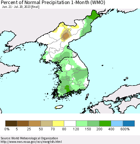 Korea Percent of Normal Precipitation 1-Month (WMO) Thematic Map For 6/21/2023 - 7/20/2023