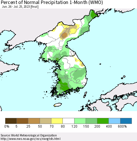 Korea Percent of Normal Precipitation 1-Month (WMO) Thematic Map For 6/26/2023 - 7/25/2023